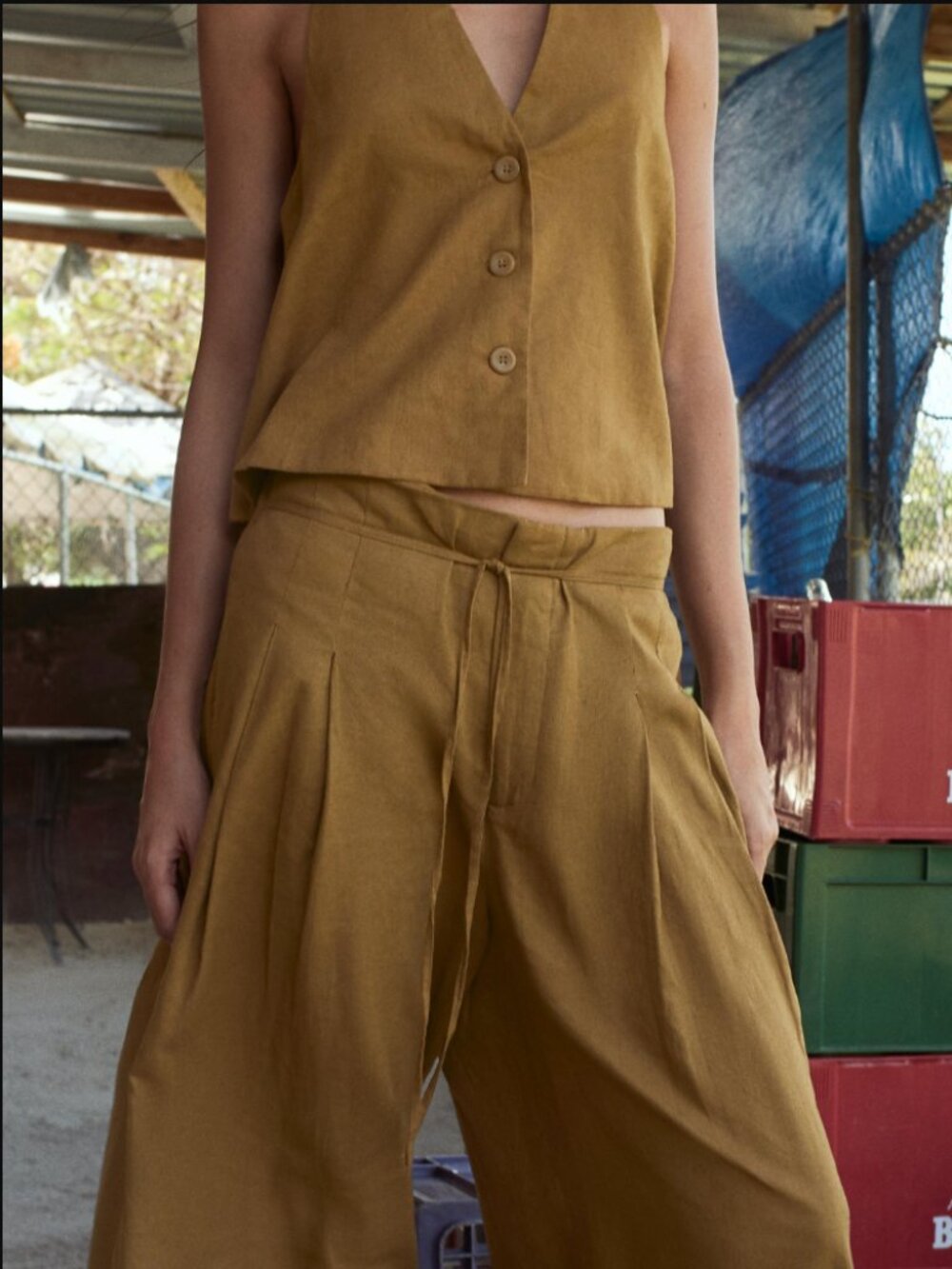 ZARA Linen Buttoned Vest + Pants Set (Mustard)